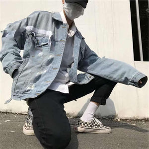 Men's Oversized Distressed Denim <b>Trucker</b> <b>Jacket</b> 100% Cotton Long Sleeve Button Front Breathable Windproof Casual Loose Fit - Product Image 5