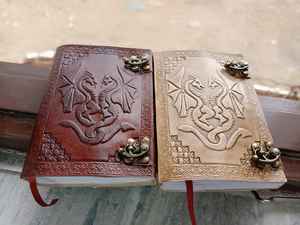 Cuaderno de cuero genuino con páginas en blanco, cuero puro de alta calidad, diario clásico de cuero con doble dragón para hombre y mujer. - Product Image 3