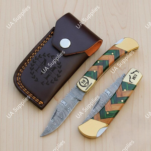 Cuchillos Plegables EDC de Acero de Damasco de Alta Calidad, Forjados, con Hoja de 3.5 Pulgadas, Mango de Madera y Latón, para Campamento y Actividades al Aire Libre, con Funda de Cuero, OEM/ODM - Product Image 3