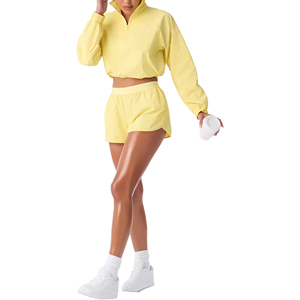 Conjunto de 2 Piezas para Mujer, Chaqueta Cortavientos con Bloques de Color y Estampado Casual, Pantalones Cortos con Cierre de Cremallera, Impermeable y Transpirable, Amarillo - Product Image 1