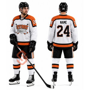 Custom Ice Hockey Jersey <b>Men</b> Black <b>White</b> Orange Sublimated Name Number Team Uniform Wholesale OEM Pro Hockey Wear USA Canada - Product Image 2