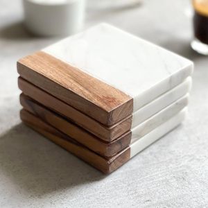 Premium Modern <b>Marble</b> Wood Coasters <b>Set</b> Handmade Natural Stone Acacia Wood Durable Customizable Tea <b>Coffee</b> Drink <b>Table</b> - Product Image 2