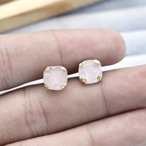 Rose Quartz Gemstone <b>Stud</b> <b>Earring</b> Gold Plated Prong <b>Set</b> Handmade Birthstone Jewelry Gift Women Elegant Minimalist - Product Image 4