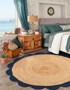 Handmade Natural Round Jute <b>Rug</b> Navy Blue Scalloped Border Braided Area <b>Rug</b> <b>Boho</b> Farmhouse Living Room Carpet - Product Image 1
