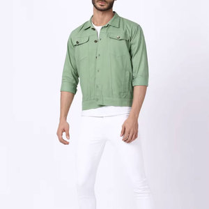 Men's Green Cotton Shirt <b>Jacket</b> Turn-down Collar Button Closure Casual Regular Length Spring Wear - Product Image 3