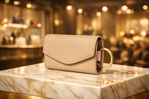 WRIZA Elegante Cartera para Llaves de Cuero Genuino Beige con Cierre de Solapa y Anillo Metálico Dorado, Organizador Compacto para Llaves de Coche para Uso Diario - Product Image 2