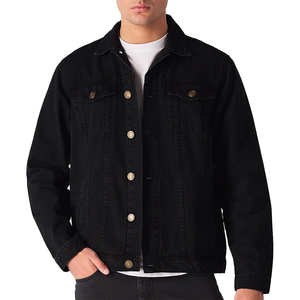 Wholesale Polyester/Cotton <b>Men's</b> Denim Jacket Stand Collar Vintage Black Custom Plain Washed Front Logo Waterproof - Product Image 1