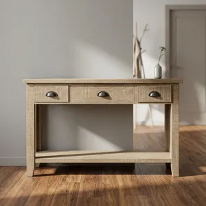 Console moderne en bois massif à 3 tiroirs avec étagère inférieure ouverte et finition naturelle écologique pour salon - Product Image 2