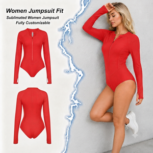 Mono rojo de manga larga para mujer, cintura alta, cremallera frontal, ajustado, de spandex y poliéster, para gimnasio, para todas las estaciones, color sólido. - Product Image 1