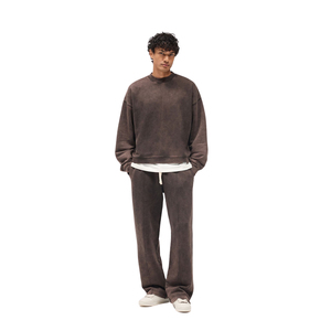 Men's Brown Washed Matching Set Oversized Crewneck <b>Flare</b> <b>Sweatpants</b> Fleece Co-ord Set <b>Wholesale</b> - Product Image 1
