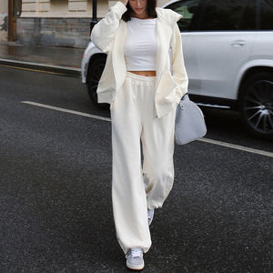 ชุดเซ็ตฮู้ดดี้ออกกำลังกายแบบซิปและกางเกงวอร์มทรงหลวมสำหรับฤดูหนาว OEM 2 ชิ้น ชุดวอร์มผู้หญิงสไตล์วินเทจแบบเรียบๆ สำหรับสกรีนลายพิมพ์พัฟฟ์ - Product Image 4