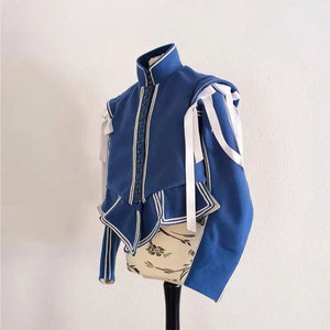 Doblete de lana azul con adornos y cintas blancas, doblete histórico del siglo XVII, chaqueta forrada hecha a mano - Product Image 2