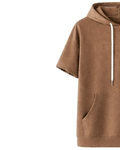 Sweat à capuche marron café à manches courtes pour homme, pull décontracté à capuche, t-shirt léger d'été, streetwear en mélange de coton avec poches - Product Image 4