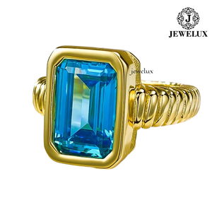 Jewelux Yellow Gold Cocktail <b>Ring</b> With <b>Emerald</b> Cut Blue Topaz Bezel Setting Geometric Luxury Unisex Design From India - Product Image 1