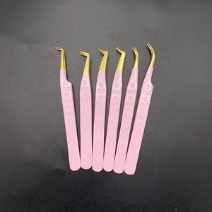Juego de Pinzas de Precisión para Pestañas, 5 Piezas, Mango Rosa, Punta Dorada Super Afilada, Punta Lisa Chapada en Oro, Herramienta Profesional para Pestañas, Logotipo Personalizado - Product Image 2