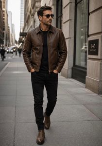 Men's <b>Brown</b> Genuine <b>Leather</b> Double Breasted <b>Jacket</b> Turn-down Collar Casual Autumn Wear - Product Image 5
