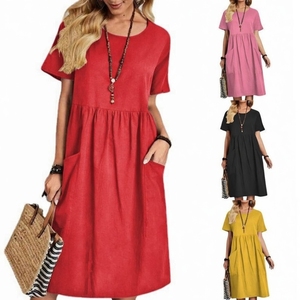 Vestido Casual de Verano para Mujer, Cuello en V, Manga Corta, Cintura Holgada, Tendencia Europea y Estadounidense, Fabricante de Bangladesh, Venta al Por Mayor Directa de Fábrica - Product Image 3