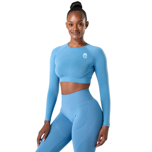 เสื้อครอปแขนยาวไร้ตะเข็บสำหรับผู้หญิง สีฟ้าโคสตัล ทรงเข้ารูป สำหรับออกกำลังกาย โยคะ ชุดกีฬา และชุดลำลอง - Product Image 3