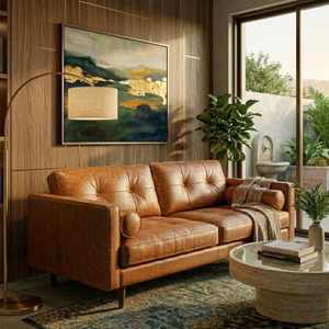 Durable Mid Century Leather Loveseat with Button Tufted Details and Solid Wood Legs for Luxury Interior Furniture - Product Image 1
