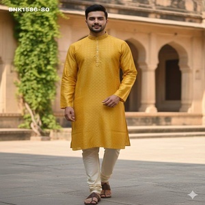 Kurta-Payjama de Seda Jacquard de Primera Calidad con Diseño Geométrico y Bordado en la Solapa, Exportador Indio - Product Image 1