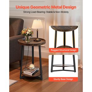 Modern 2-Tier Round <b>Side</b> <b>Table</b> End Nightstand with Open <b>Storage</b> Shelves USB AC Charging Port Wood Finish - Product Image 6