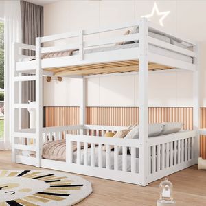 White Full Over Full <b>Wood</b> <b>Bunk</b> <b>Bed</b> with Ladder and Guardrails for Kids Expected Arrival on 7.3 - Product Image 1