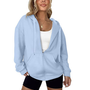 Sudadera con capucha de algodón polar para mujer, informal, con hombros caídos, oversize, con cremallera completa, para invierno, con estampado personalizado frontal y forro de color. - Product Image 1