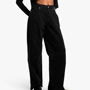 Pantalon cargo taille haute pour femme, 100 % polyester, tissu tricoté, noir uni, coupe droite, longueur intégrale, style sportif estival, avec cordon de serrage - Product Image 1