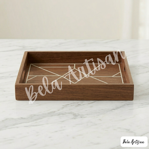 Walnut Wooden Minimalist Handcrafted Serving Tray Geometric Inlay Rectangular Decorative <b>Coffee</b> <b>Table</b> Tray for Home Hotel - Product Image 3