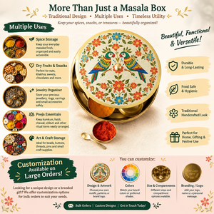 Handcrafted Round Brass Spice <b>Box</b> Royal Parrot Floral Printed Lid Masala Dabba Kitchen Storage Container <b>Set</b> With Spoon Supplier - Product Image 4