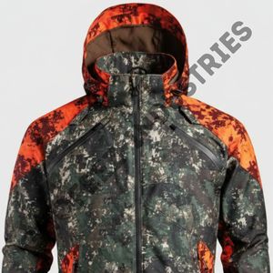 Chaqueta impermeable con capucha para hombre, de alta calidad, para exteriores, con camuflaje verde y naranja en contraste, para caza, senderismo y jungla. - Product Image 4