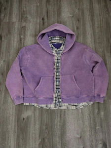 Sudadera con capucha de algodón 100% de alta calidad con logo personalizado, estilo vintage, con cremallera, de felpa francesa, lavado ácido, 360 g/m², gruesa, de gran peso, con patchwork a cuadros, oversize. - Product Image 1