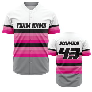Maillot de baseball personnalisé pour hommes, blanc et rose à rayures, respirant, uniforme d'équipe de softball, chemise de sport athlétique pour les matchs - Product Image 1