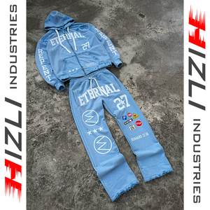 Ensemble jogging et sweat à capuche oversize en molleton bouclette uni avec fermeture éclair, qualité supérieure, style streetwear déchiré pour homme - Product Image 1