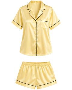 Conjunto de pijama de satén amarillo pastel para mujer, ropa de dormir de seda de lujo, traje de noche con botones, ropa de descanso suave de manga corta. - Product Image 1