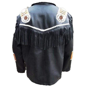 Men's Winter Embroidered <b>Fringe</b> Leather <b>Jacket</b> Beaded Western Style Regular Fit for Casual Stage Wear - Product Image 3