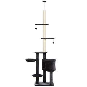 Albero per Gatti Verticale Grigio Regolabile in Altezza da Pavimento a Soffitto con Piattaforme in Moquette, Cuccia e Aree di Tiraggio in Corda per Arrampicata - Product Image 1