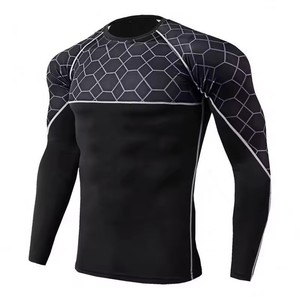 Men's <b>Long</b> <b>Sleeve</b> <b>Compression</b> Rash Guard Black Hexagon Print Front Garment Dyed Quick Dry Stretch Fitness Training <b>Shirt</b> - Product Image 1