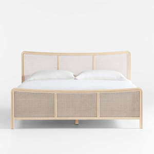 Contemporary Rounded Edge Rattan <b>Bed</b> | Natural Woven Cane Headboard Wooden <b>Bed</b> - Product Image 3