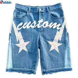 กางเกงยีนส์ขาสั้นสไตล์สตรีทแวร์พร้อมโลโก้ผู้ชาย กางเกงยีนส์เดนิมคุณภาพสูงแบบวินเทจฟอกสี สำหรับผู้ชาย ผ้าฝ้ายแต่งลายปะติด - Product Image 1