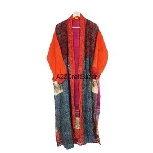 Robe kimono pour femmes, 100% soie, élégante, col en V, patchwork, manches longues, longueur totale, fermeture à cordon - Product Image 1