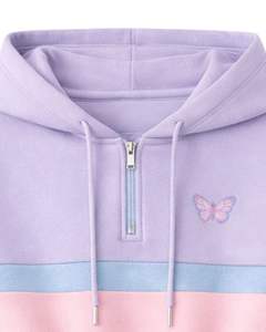 Ensemble décontracté deux pièces pour femme : crop top zippé à capuche et short, imprimé papillon, color block lavande, rose et bleu, en polyester et coton - Product Image 4