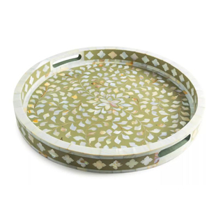 Bandeja Redonda de Lujo con Incrustaciones de Madreperla, Verde Oliva, con Diseño Floral, para Mesa de Centro, Decoración del Hogar - Product Image 1