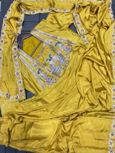 Party Wear Mustard Embroidery Work Ready To Wear Saree With Embroidery Work Fully Stitched Jacket And <b>Blouse</b> - Product Image 4