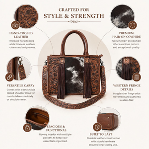 Hand Tooled Genuine Leather Hair On Cowhide Bag for Women Western Floral Hand bag Fringe Shoulder <b>Purse</b> with Adjustable Strap - Product Image 5