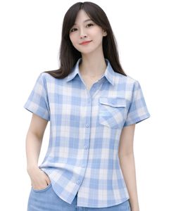Chemise boutonnée à manches courtes pour femme, bleu ciel et blanc à carreaux, décontractée, légère et respirante, avec poche, pour l'été - Product Image 1