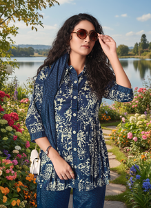 ชุดเซ็ตพิมพ์ลายดอกไม้พรีเมียมสำหรับผู้หญิง สไตล์ร่วมสมัย ผ้าเครปไหมทรงไฮโลว์ ความยาวระดับเข่า พร้อมกางเกงและผ้าพันคอเข้าชุด เหมาะสำหรับงานปาร์ตี้ - Product Image 2