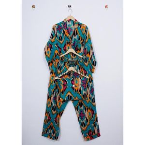 ชุดนอนผ้าฝ้ายพิมพ์ลายบล็อกอินเดียสำหรับผู้หญิง 100% ระบายอากาศได้ดี ลายพิมพ์อิคัตสไตล์วินเทจ ชุดลำลองสำหรับฤดูร้อน เหมาะสำหรับเป็นของขวัญให้เพื่อนเจ้าสาว - Product Image 5