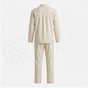 Cream Solid Color Long Sleeve Pajama Set with Button Front and Drawstring Pants - Product Image 2