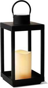 <b>Black</b> hexagonal <b>lantern</b> ornate cutout patterns aged finish clear glass panels domed top circular ring flameless candlE - Product Image 6